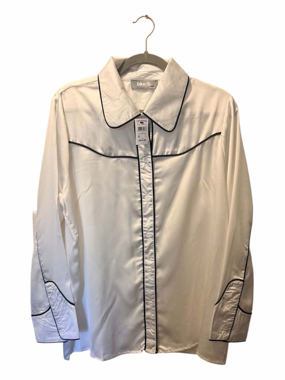 blue b. Collection White Western Long Sleeve Button-Up Shirt with Black Piping